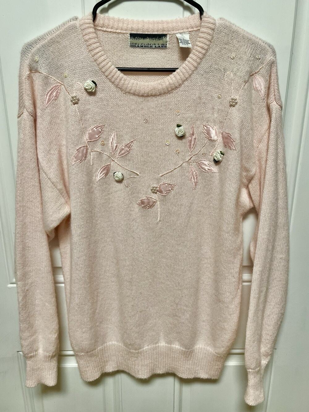 Vtg 80s Pastel Pink Knit Sweater Ribbon Roses Floral Grandma Core Cottage Size L